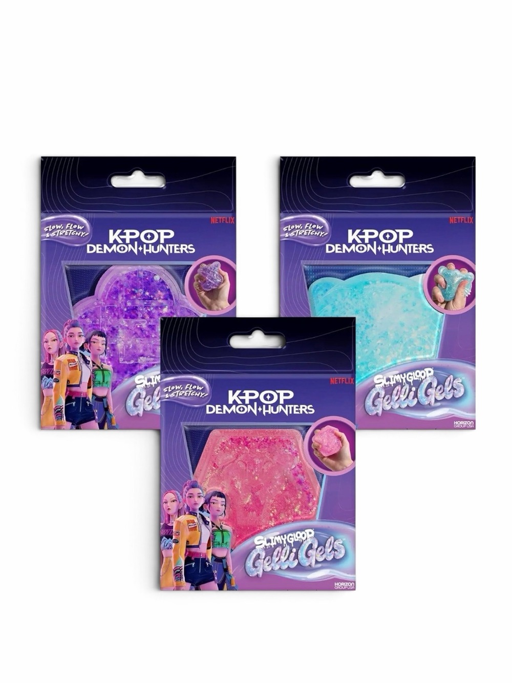 K-pop Demon Hunters SlimyGloop Gelli Gels Squeeze Toy- Saja, Derpy & Huntrix Set